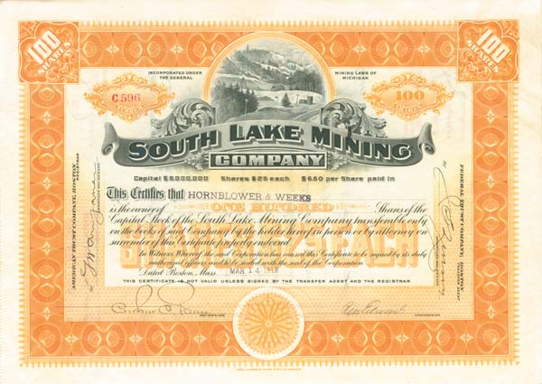 South Lake Mining Co. - Stock Certificate